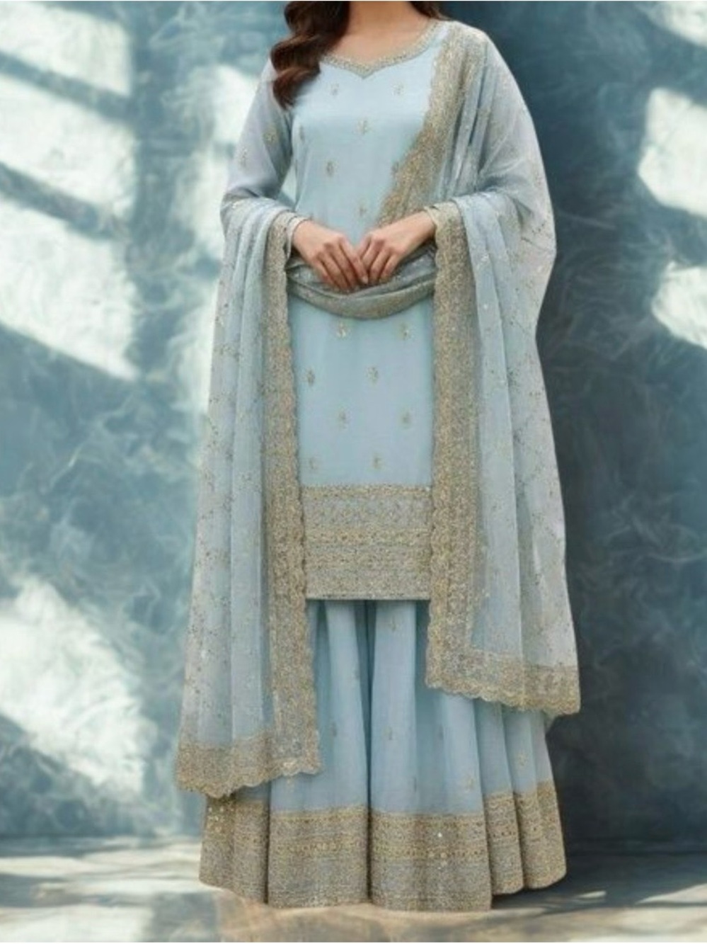 Elegant Light Blue Embroidered Maxi Dress with Dupatta
